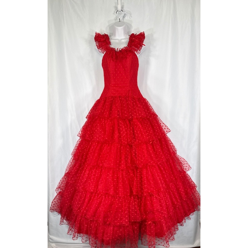 VTG Mike Benet Formals Red Lace Tulle Tiered A-Line Ballgown Dress XS REPAIR